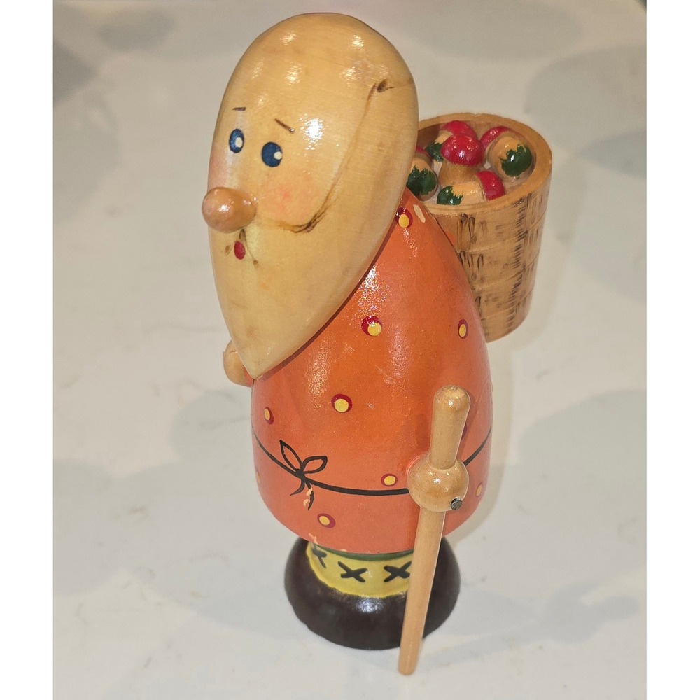 Vintage Hand Painted Wooden Gnome Figurine Mushroom Forager Folk Art Decor